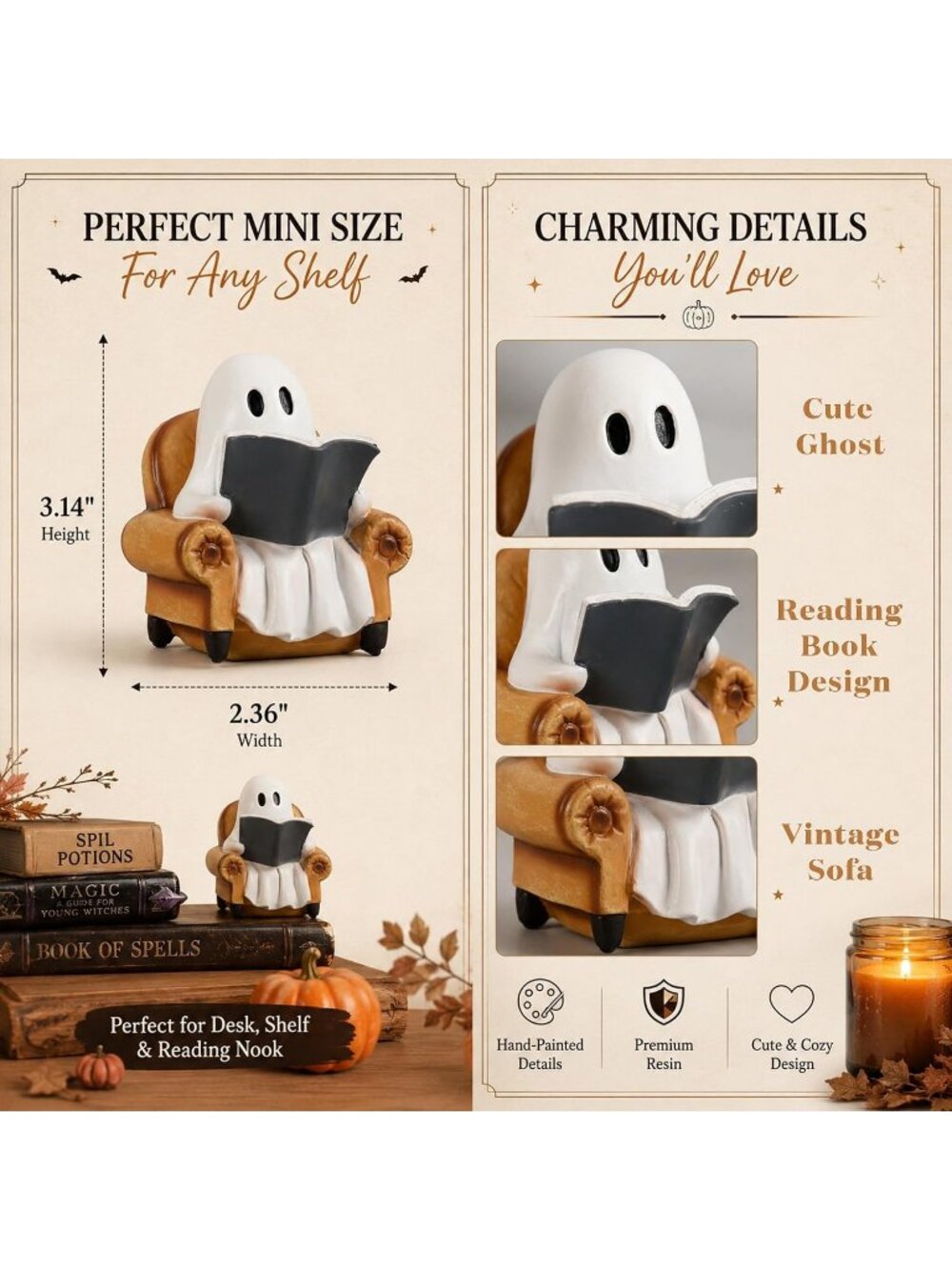 Halloween Ghost Reading Book Statue For Book Lovers Gifts And Indoor Decorations - Picture 2 of 6